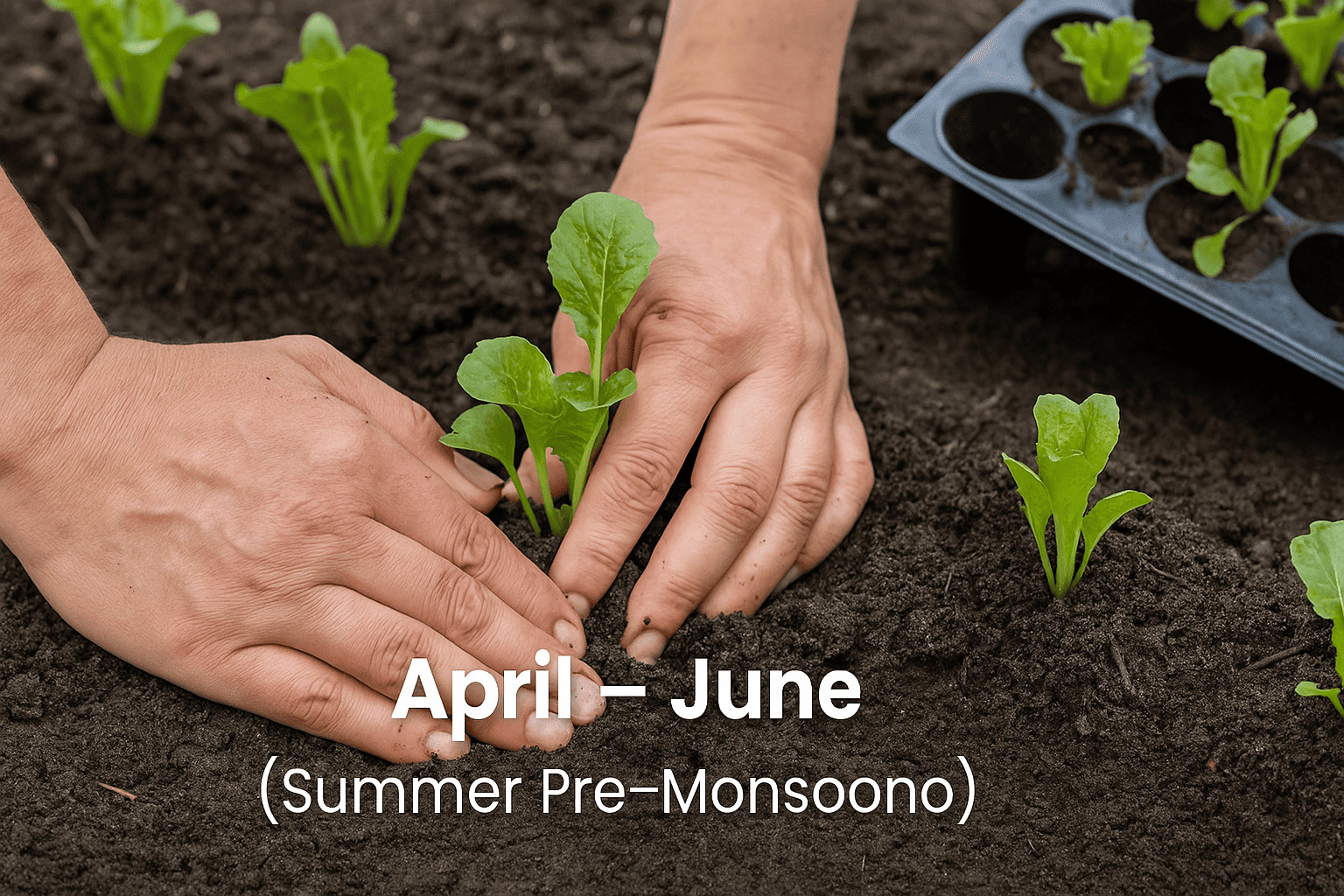 Urban Plant image showing hands planting vegetable seedlings in rich soil during April to June, summer pre-monsoon growing season in India